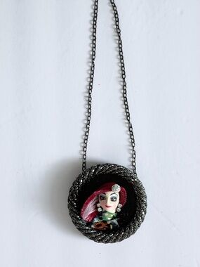 Handcrafted one of a kind Doll Face Pendant Necklace in Black and Red